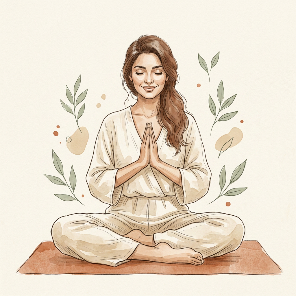 Illustrated portrait of Shuchita seated in a half-lotus meditation pose